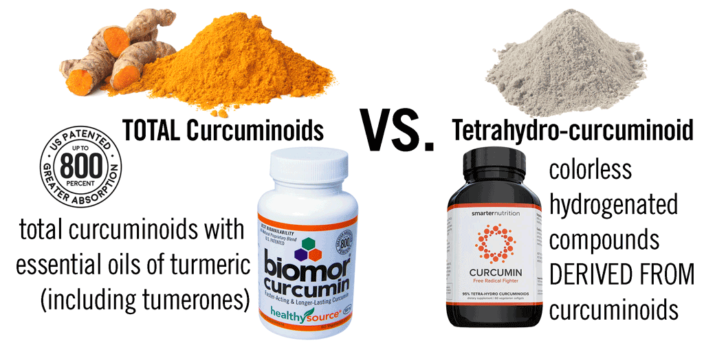 Smarter Curcumin contains tetrahydro-curcuminoid, colorless hydrogenated compounds DERIVED FROM curcuminoids whereas BioMor Curcumin contains total curcuminoids with essential oils of turmeric (including tumerones) which is patented and clinically proven to improve absorption.